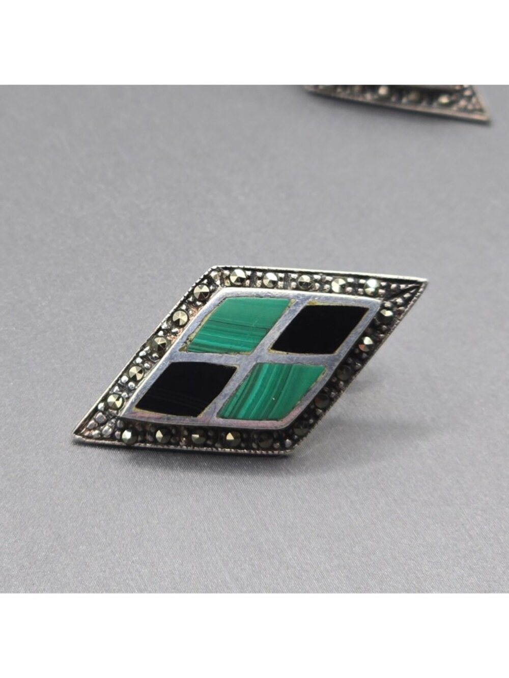 Sterling Silver Malachite Onyx Inlay Earrings Marcasite Border Artisan Signed A - Picture 4 of 12